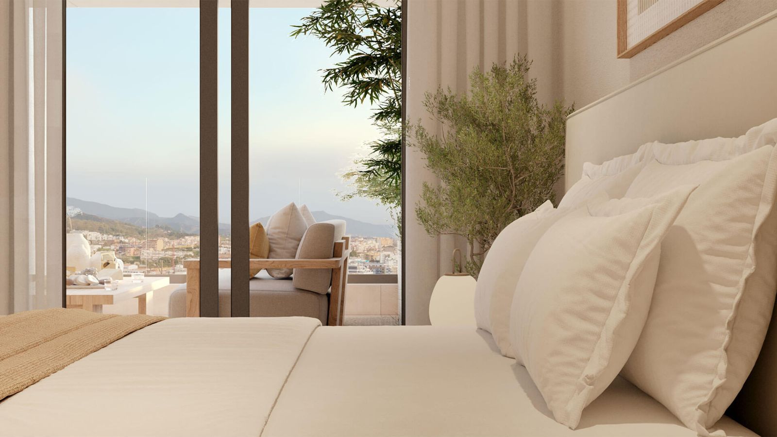 Soveværelse med balkon og udsigt over byen ved Las Mesas Infinity Homes